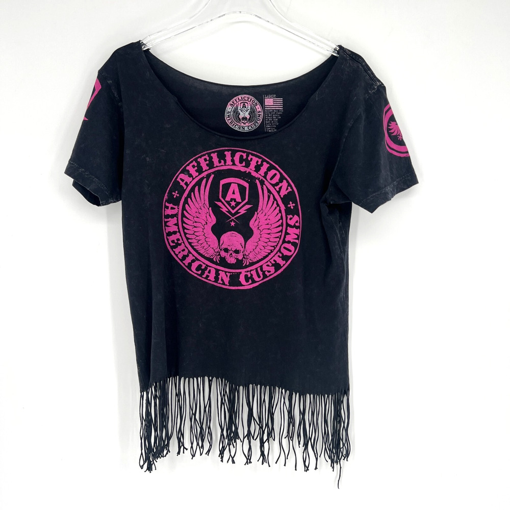 Vtg Affliction Top Womens L Fringe Pink Skull Angel Grunge Emo Y2K Biker‎ Egirl